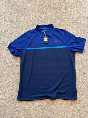 Nike Men's Navy and Royal Blue Striped Performance Polo